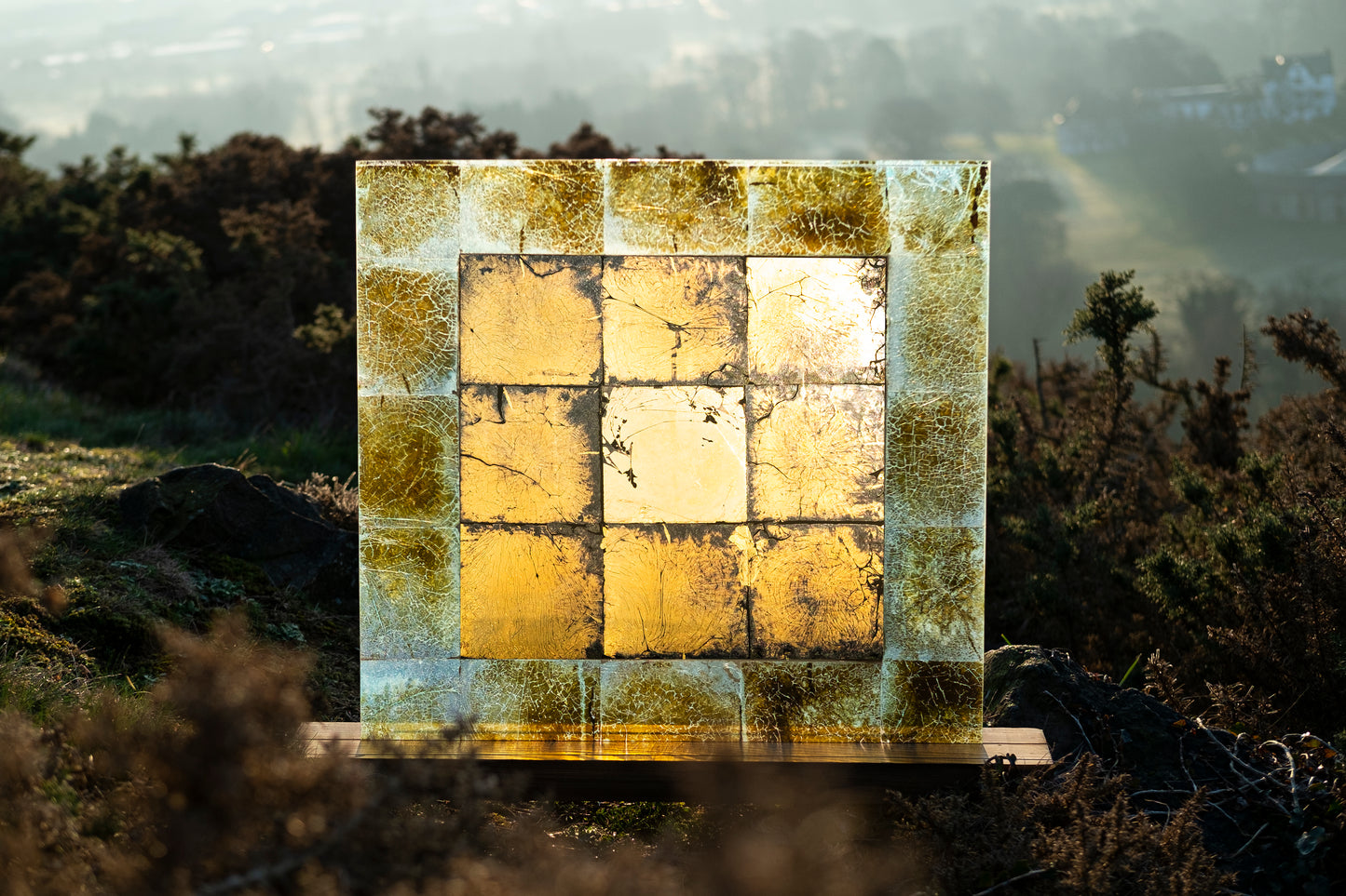 Oxidised Verre Eglomise Mirror - 3mm Float Glass, 24K Gold Leaf. Size: 610x610mm
