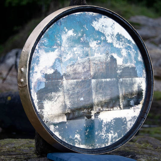 Edinburgh Castle - Verre Eglomise Mirror - Size: 440x440mm - 24K Gold Leaf, Colour - Whisky Barrel Frame